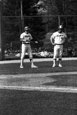 Denny Lorsung and Darrell Watercott during a St. Cloud State University baseball game against the University of Minnesota-Duluth