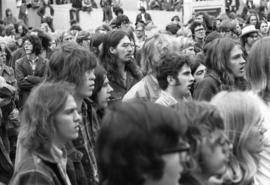 Protestors listen to a speech, Day of Peace protest, St. Cloud State University