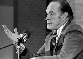 Bob Hope at press conference, St. Cloud State University