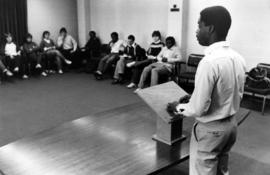 Man lectures during a class, St. Cloud State University