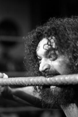 Wrestler King Kong Brody bites the wrestling rope, Halenbeck Hall (1965), St. Cloud State University