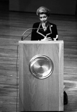 Phyllis Schlafly speaks during a debate with Sarah Weddington, St. Cloud State University