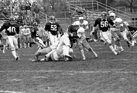 Football player Joe Robidou (#56) pursues the Southwest State University ball carrier, St. Cloud State University