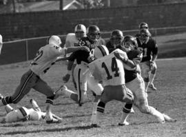 St. Cloud State University football player Mike Mullen runs the ball during a football against the University of Minnesota-Duluth