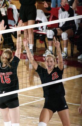 Cami Selbitschka celebrates during a volleyball match against Augustana College, St. Cloud State University