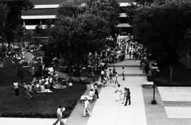 People gather on sidewalks to visit vendors' booths, Lemonade Concert and Art Fair, St. Cloud State University