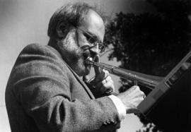 Kenton Frohrip plays a trombone at Mainstreet, St. Cloud State University