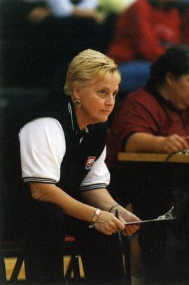 Dianne Glowatzke during a volleyball match, St. Cloud State University