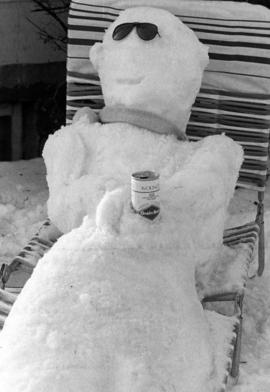 Snowman with a can of Grain Belt beer, St. Cloud State University