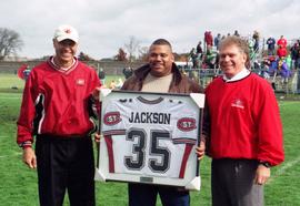 Randy Hedberg, Harry Jackson, and Morris Kurtz at the retirement of Jackson's number, St. Cloud State University