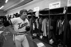 Alum Greg Thayer in the Minnesota Twins' locker room before a game