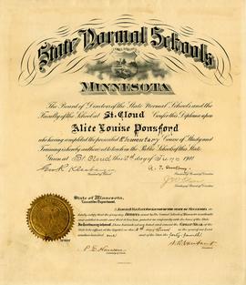 Alice Louise Ponsford diploma, St. Cloud State University