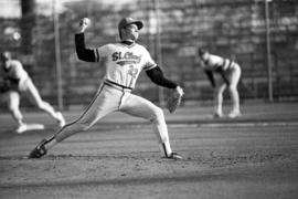 St. Cloud State baseball player Chad Swanson throws a pitch against Augsburg College