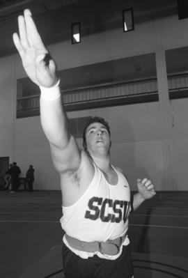 Matt Vardas throws a shot put, St. Cloud State University