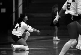 Kathy Davis gets ready to bump a volleyball during a volleyball match against Mankato State, St. Cloud State University