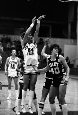 St. Cloud State University basketball player Dan Hagen shoots a basketball during a game against the University of Minnesota-Duluth