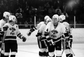 Hockey players skate together during a game break against Gustavus Adolphus