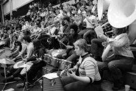 Pep band plays at a St. Cloud State men's basketball game against University of Wisconsin-Stout