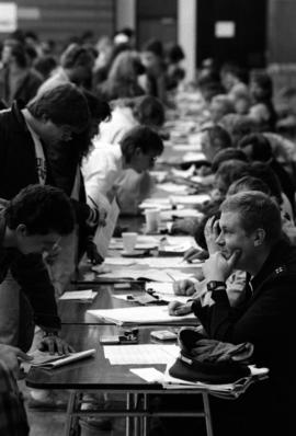 Students register for classes in Halenbeck Hall (1965), St. Cloud State University