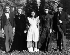 Costume winners for the 75th anniversary of the establishment of St. Cloud State University are Harry Schuelke, Delores Oster, Haruko Matsushita, Darlene Flynn, and James Comer