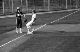 Paul Thielen steps on third base during a St. Cloud State University baseball game against Southwest State University