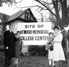 Roger Atwood, Student Senate president Nancy Pew, Mrs. Ferne (Allen) Atwood, and George Budd at the Atwood Memorial Center (1966) groundbreaking, St. Cloud State University