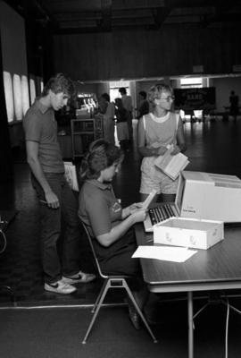 Students register by computer in the Atwood Memorial Center (1966) ballroom, St. Cloud State University