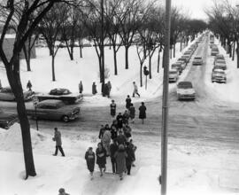 Students walk to and from Stewart Hall (1948), St. Cloud State University