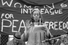 Jane Kennedy speaks, Day of Peace protest, St. Cloud State University