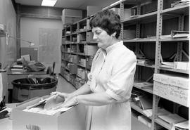 Marie Elsen looks through a box of records at University Archives, St. Cloud State University