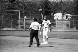 Bob Hegman stands on second base during a St. Cloud State University baseball game against the University of Minnesota-Duluth