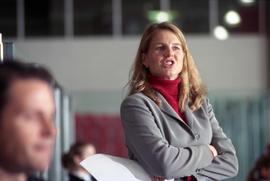 Women's hockey head coach Kerry Brodt during a game, St. Cloud State University