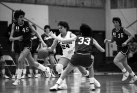 Dawn Anderson dribbles a basketball in a game against the University of South Dakota, St. Cloud State University