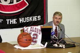 Kevin Schlagel at a press conference announcing him as the new men's basketball head coach, St. Cloud State University