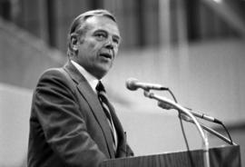 Wheelock Whitney speaks at the Halenbeck Hall (1965) fieldhouse addition dedication, St. Cloud State University