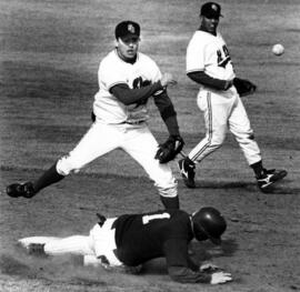 St. Cloud State University baseball players make a play during a game against St. Scholastica
