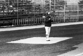 Head coach Denny Lorsung stands near third base during a St. Cloud State University baseball game